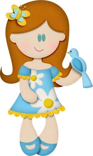 Joyful Cartoon Girlwith Birdand Butterfly PNG Image