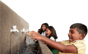 Joyful Children Playing With Water Taps PNG Image