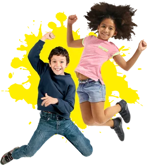 Joyful Kids Jumping Against Yellow Splash Background PNG Image