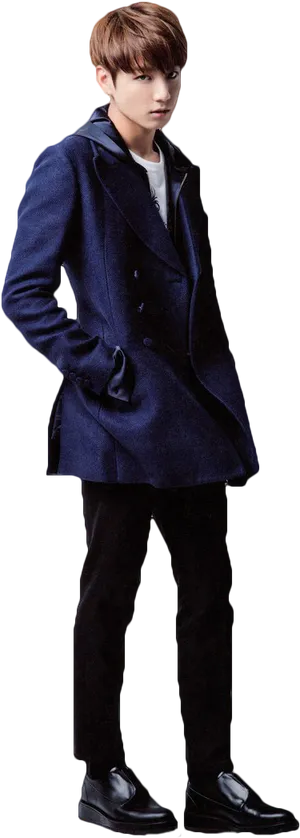 Jungkookin Blue Coat Pose PNG Image