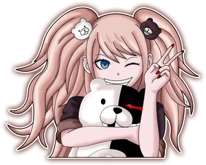 Junko Enoshima With Monokuma Plush PNG Image