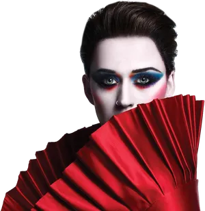 Katy Perry Bold Makeupand Red Fan PNG Image