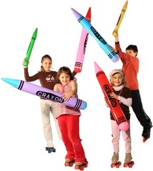 Kids With Oversized Crayons PNG Image