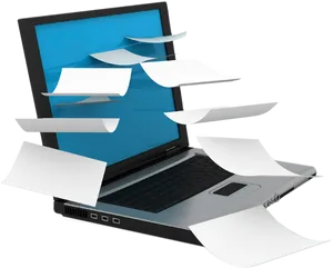 Laptopwith Flying Papers PNG Image