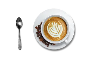 Latte Art Coffee Beans Spoon Black Background.jpg PNG Image