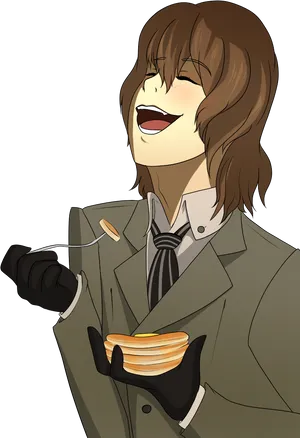 Laughing Anime Character Holding Pancakes PNG Image