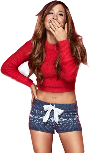 Laughing Womanin Red Sweaterand Shorts PNG Image