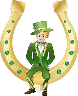 Leprechaun Sitting On Horseshoe St Patricks Day PNG Image