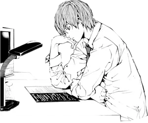 Light Yagami Contemplatingat Desk PNG Image