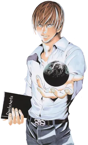 Light Yagami Holding Death Noteand Earth PNG Image