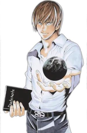 Light Yagami Holding Death Noteand Earth PNG Image