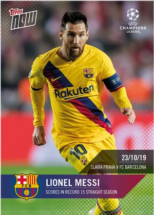 Lionel Messi F C Barcelona Yellow Kit Topps Now Card PNG Image