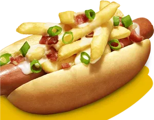 Loaded Gourmet Hot Dogwith Friesand Bacon PNG Image