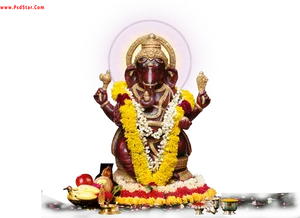 Lord Ganesh Statue Decoratedwith Flowers PNG Image