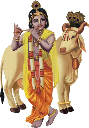 Lord Krishna Playing Flute With Cow PNG Image