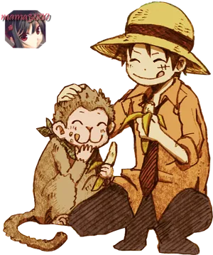 Luffyand Monkey Sharing Banana PNG Image