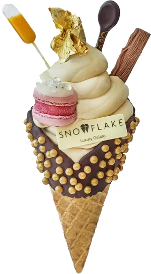 Luxury Gelato Conewith Gold Leafand Macaron PNG Image