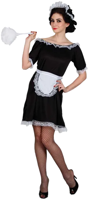 Maid Costume Black Dress Fishnet Stockings PNG Image