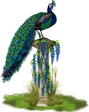 Majestic Peacockon Classic Pillar PNG Image