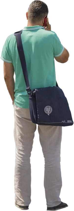 Man On Phone With Messenger Bag PNG Image