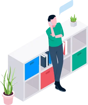 Man Phone Call Near Bookshelfand Houseplants PNG Image