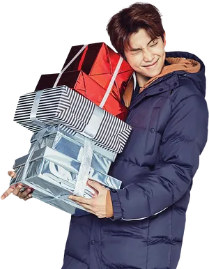 Man Strugglingwith Gifts PNG Image