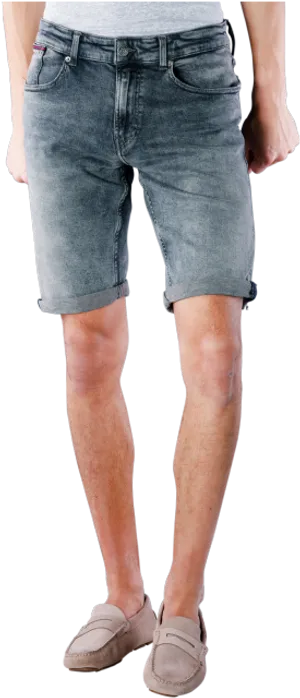 Man Wearing Denim Bermuda Shorts PNG Image