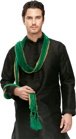 Manin Black Kurtawith Green Dupatta PNG Image