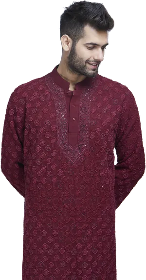 Manin Embroidered Maroon Kurta PNG Image