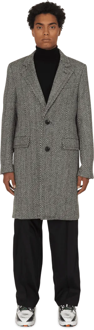 Manin Herringbone Coatand Black Turtleneck PNG Image