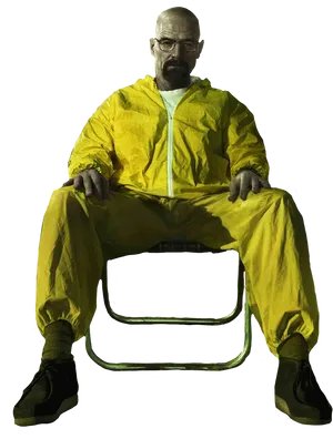 Manin Yellow Hazmat Suit Seated PNG Image