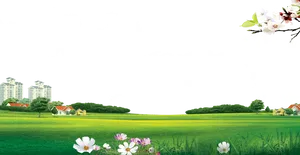 Meadow Landscape With Flowers And Buildings PNG