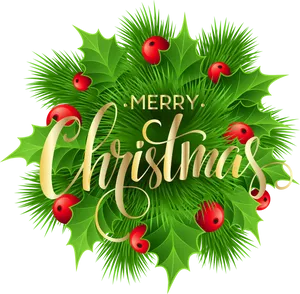 Merry Christmas Hollyand Berries Graphic PNG Image