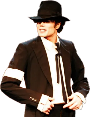 Michael Jackson Iconic Black Outfitand Fedora PNG Image