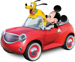 Mickeyand Pluto Driving Red Car PNG Image