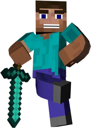 Minecraft Steve With Diamond Sword PNG Image