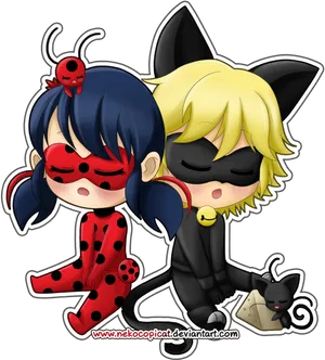 Miraculous Ladybugand Cat Noir Chibi Fanart PNG Image