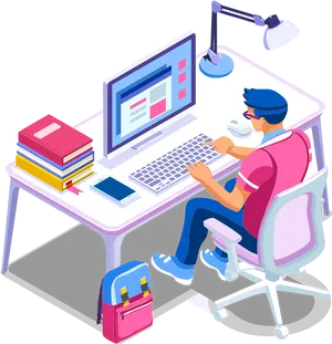 Modern Isometric Office Workstation Setup PNG Image