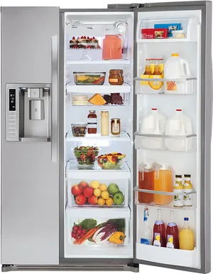 Modern Stainless Steel Refrigerator Fullof Food PNG Image