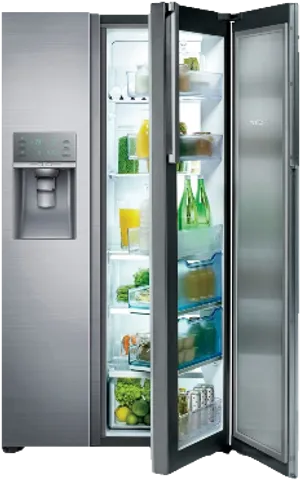 Modern Stainless Steel Refrigerator Open Doors PNG Image