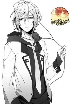 Monochrome_ Anime_ Boy_with_ Headphones PNG Image