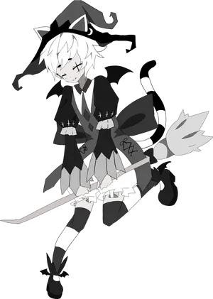 Monochrome Anime Wizard Cat Character PNG Image