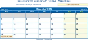 Mozambique December2017 Calendarwith Holidays PNG Image