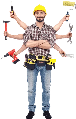 Multitasking Handymanwith Tools PNG Image