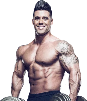 Muscular Man With Tattoo Holding Dumbbells PNG Image