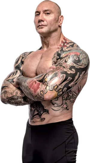 Muscular Tattooed Man Crossed Arms PNG Image