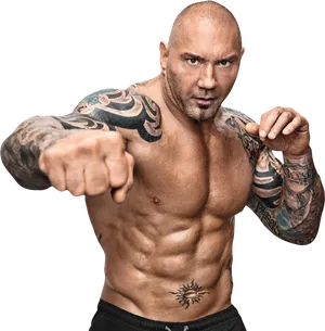 Muscular Tattooed Man Pointing PNG Image