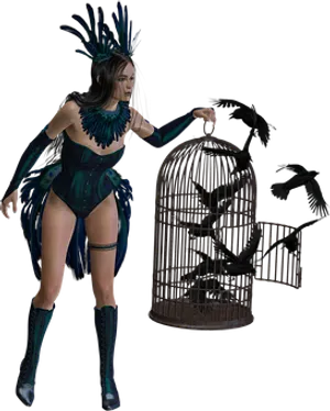 Mystical_ Crow_ Guardian_and_ Cage PNG Image