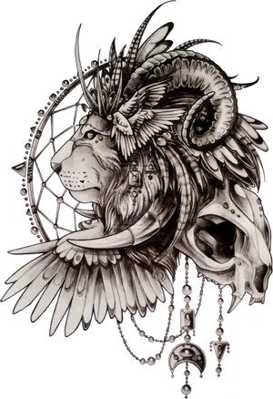 Mystical Lion Dreamcatcher Tattoo Design PNG Image