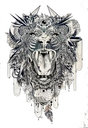 Mystical Lion Tattoo Design PNG Image